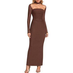 Fall Long Sleeve Corset Halter Formal Dress Coffee
